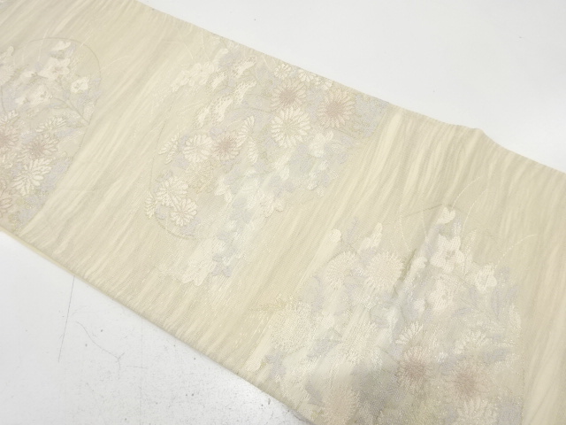 紗　菊に秋草模様織り出し　袋帯